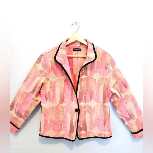 Khangura Pink, Cream & Tan Tapestry Pattern Blazer Black Trim Sz Large Like New - Picture 1 of 9